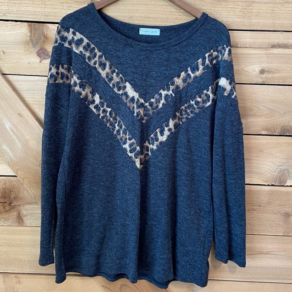 First Love Charcoal Sweater with Leopard Print